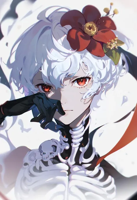 score_9, score_8_up, score_7_up, score_6_up, <lora:DPOXL:1> <lora:yoneyamaiXL_JS2_lokr_V12:1> looking at viewer, solo, 1girl, short hair, abstract, bone, skeleton, gloves, red eyes, white background, black gloves, flower, 1other, white hair, portrait