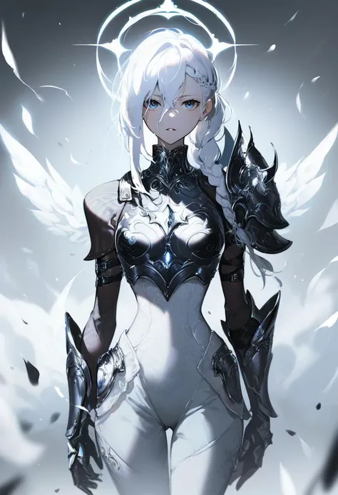 score_9, score_8_up, score_7_up, score_6_up, <lora:DPOXL:1> <lora:yoneyamaiXL_JS2_lokr_V12:1> 1girl, solo, looking at viewer, white hair, white theme, long hair, armor, blue eyes, parted lips, hair between eyes, cowboy shot, gauntlets, wings, braid, halo