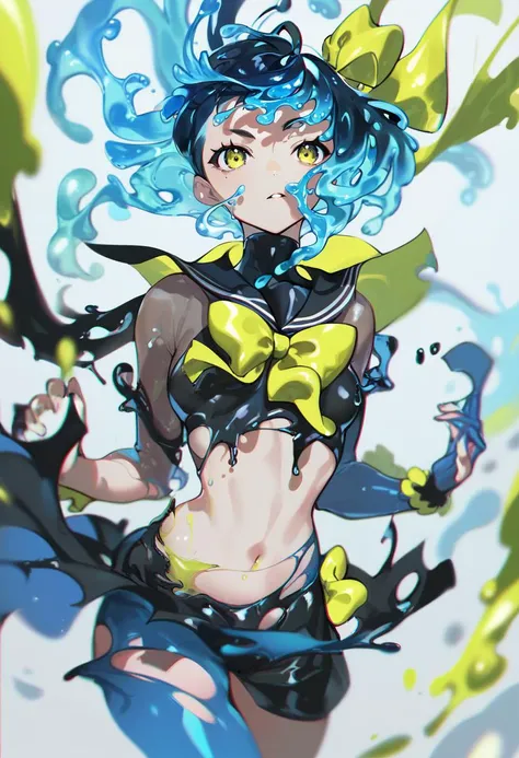 score_9, score_8_up, score_7_up, score_6_up, <lora:DPOXL:1> <lora:yoneyamaiXL_JS2_lokr_V12:1> 1girl, solo, parted lips, skirt, blue hair, black hair, yellow eyes, navel, looking at viewer, bangs, floating hair, long hair, liquid hair, bow, short hair, multicolored hair, yellow bow, torn clothes, sailor collar