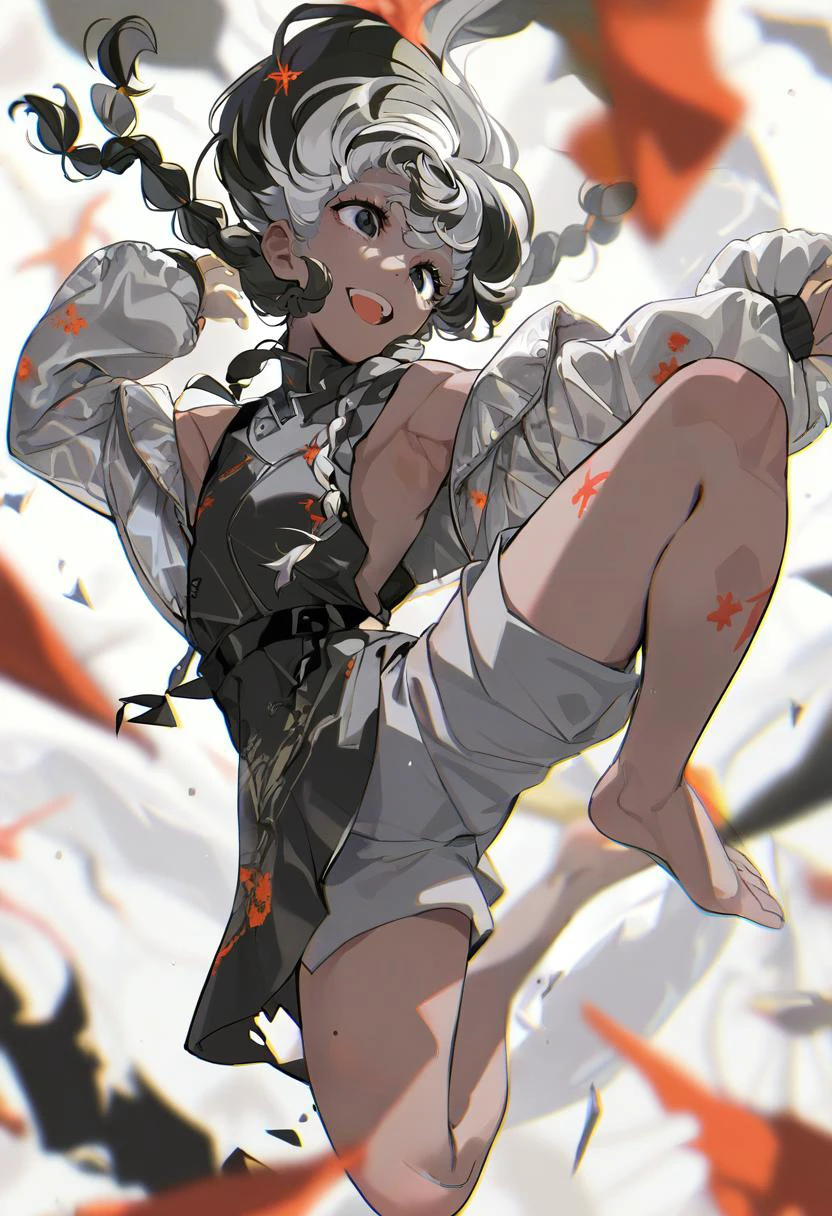 beautiful detailed glow, Floating ice crystals, (ultra-detailed:1.2100000000000002), (illustration:1.2100000000000002), soloï¼girlï¼Dark skinï¼black eyesï¼white hairï¼disheveled hairï¼Loose hairï¼White glossy loose long hairï¼White off shoulder dressï¼barefootï¼, looking at viewer, looking to the side, open jacket, tattoo, torn clothes, bare legs, braid, shaded face, shutter unival, pale skin, grey shorts, open clothes, upper teeth only, teeth, hands up, long sleeves, black skin, print jacket, multiple braids, sleeves past wrists, white background, black dress, black hair, grey jacket, colored skin, twin braids, open mouth, shorts, leg tattoo, leg up, dress, full body, jumping, torn dress, tentacle hair, jacket, cross print, smile, from side, octagram, sandals, colored tips, androgynous, long hair, multicolored hair, arm behind head,
score_9, score_8_up, score_7_up, score_6_up, (masterpiece:1.2100000000000002), (best quality:1.3310000000000004)
<lora:yoneyamaiXL_P6_lokr_V4236:0.95>
