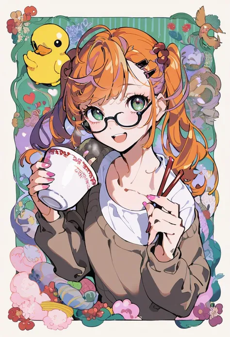 1girl, 
purple hair, twintails, solo, hair ornament, phone, open mouth, cellphone, food, bowl, long sleeves, new year, cup, long hair, bangs, happy new year, vertical stripes, smartphone, sweater, multicolored eyes, striped background, heart, upper body, :o, striped, bird, chinese zodiac, rubber duck, shirt, pink nails, tempura, shrimp, english text, blush, border, steam, multicolored hair, collarbone, mug, white shirt, glasses, hairclip, streaked hair, food on head, object on head, green eyes, purple eyes, holding, white border, chopsticks, heart background, holding cup, 2017, looking at viewer, nail polish, food on hair, brown sweater, orange hair, holding chopsticks, black-framed eyewear, green background, 
score_9, score_8_up, score_7_up, score_6_up
 <lora:yoneyamaiXLP6lokrV4236-000119:0.95>