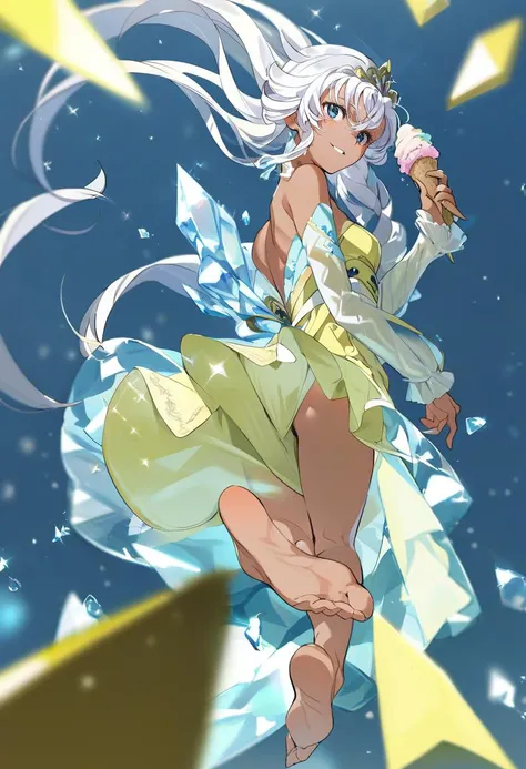 beautiful detailed glow, Floating ice crystals, (ultra-detailed:1.2100000000000002), (illustration:1.2100000000000002), soloï¼girlï¼Dark skinï¼black eyesï¼white hairï¼disheveled hairï¼Loose hairï¼White glossy loose long hairï¼White off shoulder dressï¼barefootï¼, bare legs, dress, tiara, blue eyes, arm up, blush stickers, blue sleeves, feet, light particles, looking at viewer, twisted torso, parted lips, hair between eyes, floating, layered dress, wide shot, okawaii koto, long sleeves, very long hair, water, holding, bare shoulders, boku tokoness, dragon, smile, ice cry sample \( lab zero no kiseki\), detached sleeves, soles, see-through body, blue background, blue dress, knees up, ice dragon \(atakai lowi\), full body, looking back, holding ice cream, :d, light blush, long hair, ice, yellow dress, from behind, sparkle, frozen \(masassin\),
score_9, score_8_up, score_7_up, score_6_up, (masterpiece:1.2100000000000002), (best quality:1.3310000000000004)
<lora:yoneyamaiXL_P6_lokr_V4236:0.95>