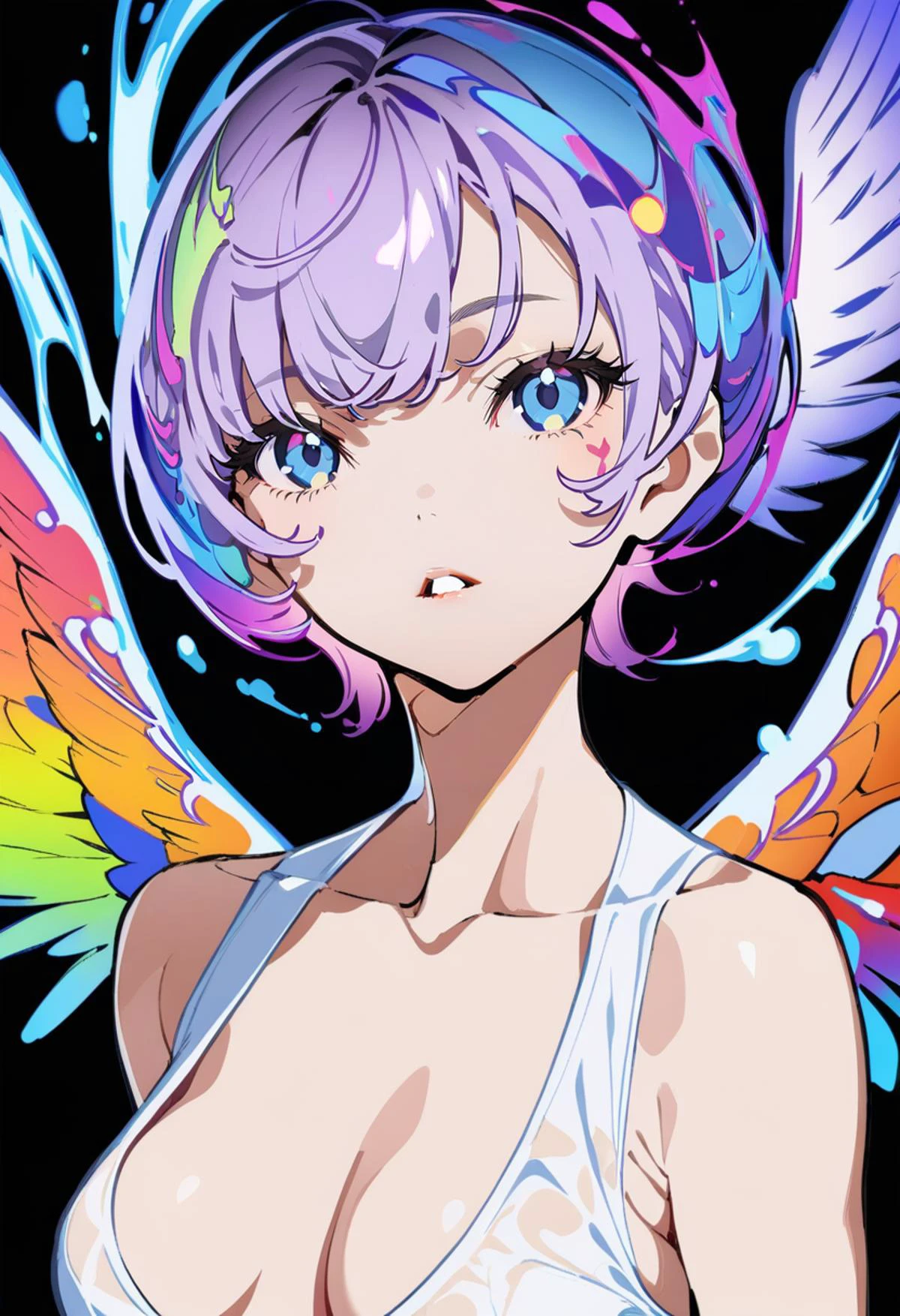 masterpiece, best quality, <lora:yoneyamaiXL_ANI31_lokr_V4302:0.95> solo, 1girl, black background, simple background, short hair, blue eyes, parted lips, breasts, purple hair, wings, tattoo, colorful, bare shoulders, looking at viewer, upper body, collarbone, blue hair, eyelashes, dress