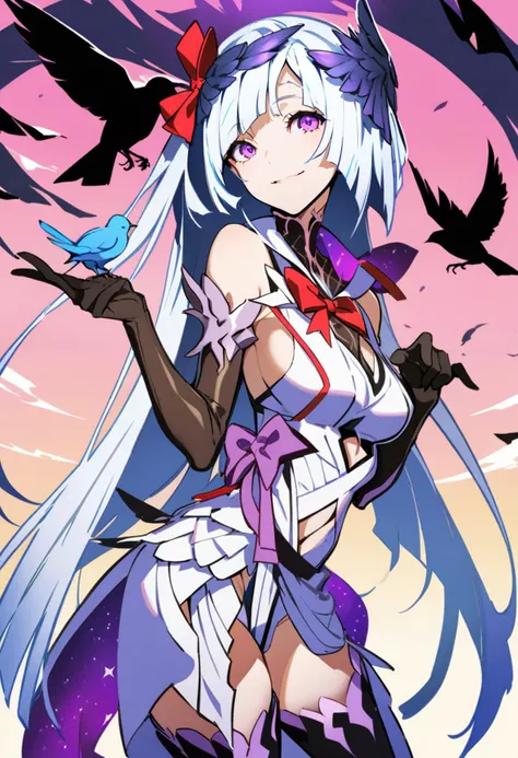 masterpiece, best quality, <lora:yoneyamaiXL_ANI31_lokr_V4302:0.95>  1girl, brynhildr \(fate\), bird, gloves, dress, elbow gloves, long hair, bow, purple eyes, black gloves, white hair, smile, solo, very long hair, crown, looking at viewer, bare shoulders, breasts, multicolored hair, white dress, red bow, cowboy shot, bird on hand, animal, closed mouth, hair bow, medium breasts, thighhighs, sleeveless, hair ornament