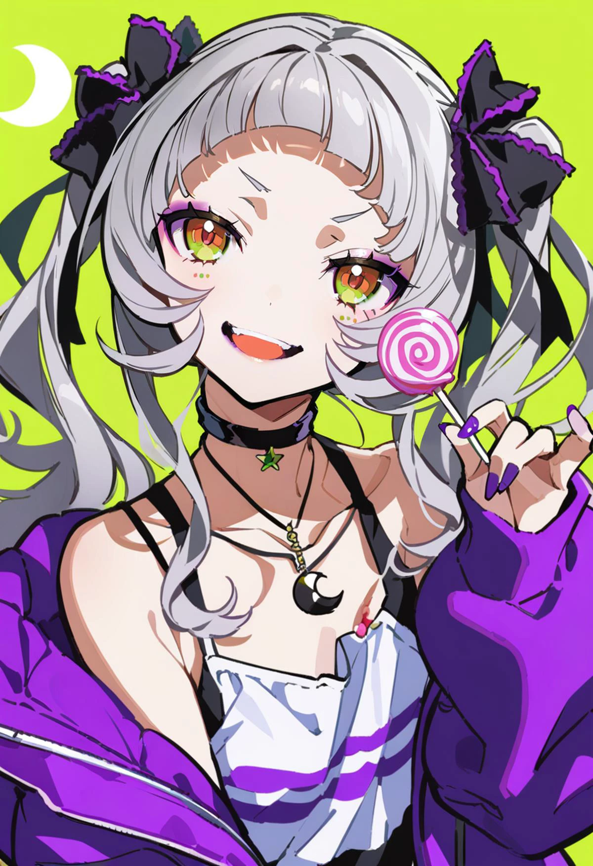 masterpiece, best quality, <lora:yoneyamaiXL_ANI31_lokr_V4302:0.95> 1girl, murasaki shion, virtual youtuber, lollipop, food, solo, candy, twintails, grey hair, long hair, purple nails, holding lollipop, holding food, hair ornament, holding candy, jacket, looking at viewer, choker, holding, yellow eyes, jewelry, nail polish, necklace, crescent, upper body, hair ribbon, eyeshadow, ribbon, alternate costume, off shoulder, open mouth, bare shoulders, green background, teeth, makeup, purple jacket, camisole, arched bangs, crescent hair ornament, smile, collarbone, hairband, orange eyes, black ribbon, long sleeves, blunt bangs, black choker