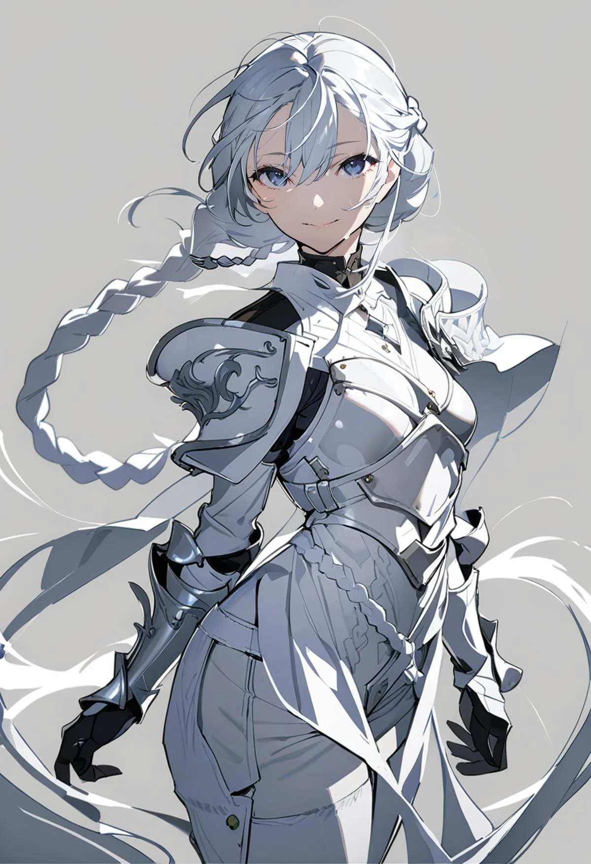masterpiece, best quality, <lora:yoneyamaiXL_ANI31_lokr_V4302:0.95> 1girl, solo, looking at viewer, white hair, blue eyes, white theme, hair between eyes, armor, shoulder armor, simple background, grey background, cowboy shot, breasts, braid, gloves, long hair, pants, pauldrons, white background, standing, white pants, gauntlets, parted lips, smile, closed mouth