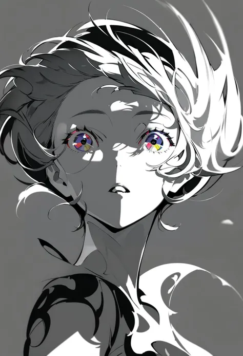masterpiece, best quality, <lora:yoneyamaiXL_ANI31_lokr_V4302:0.95> solo, 1girl, portrait, multicolored eyes, spot color, short hair, monochrome, grey background, shadow, floating hair, open mouth, parted lips, looking at viewer, greyscale, simple background, eyelashes, purple eyes, wind, blue eyes