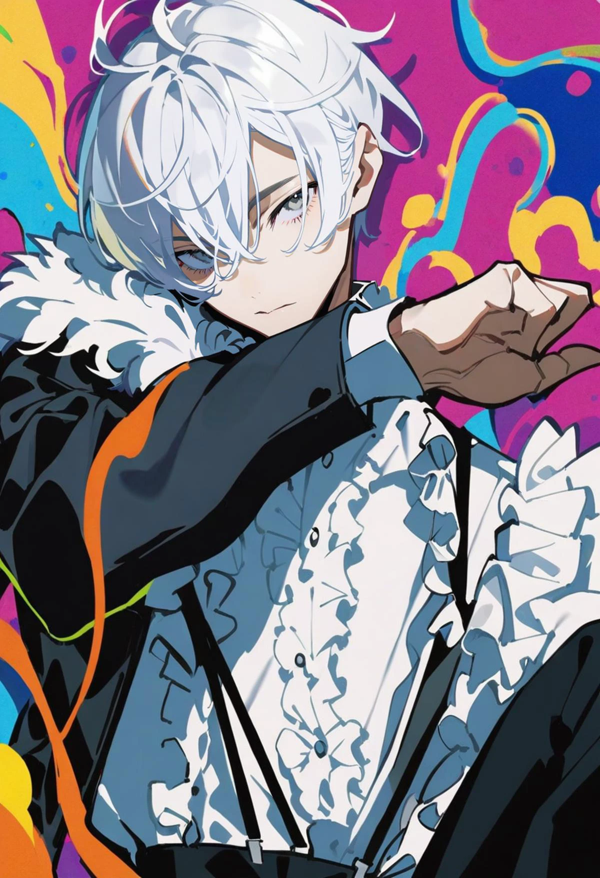 masterpiece, best quality, <lora:yoneyamaiXL_ANI31_lokr_V4302:0.95> solo, 1boy, male focus, white hair, multicolored background, shirt, short hair, looking at viewer, long sleeves, white shirt, abstract background, hair between eyes, fur trim, upper body, closed mouth, grey eyes, jacket, colorful, black pants, pants, frills, suspenders, black jacket