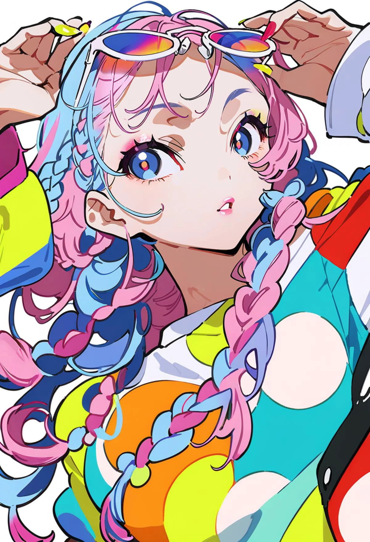 masterpiece, best quality, <lora:yoneyamaiXL_ANI31_lokr_V4302:0.95> 1girl, solo, looking at viewer, pink hair, upper body, long sleeves, blue eyes, long hair, shirt, braid, white background, eyewear on head, jewelry, colorful, sunglasses, multicolored hair, glasses, nail polish, blue hair