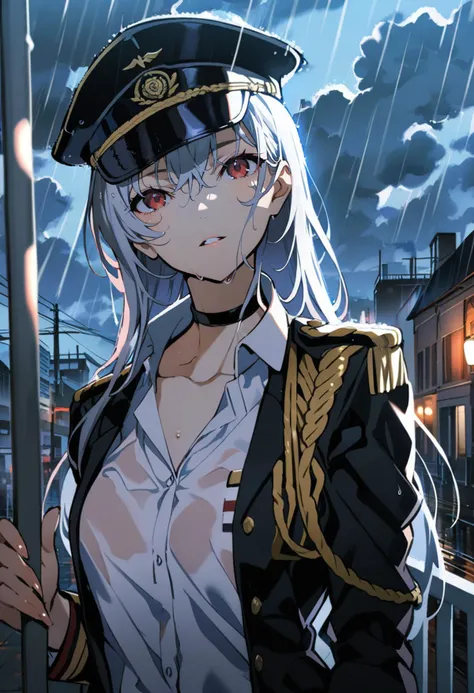 masterpiece, best quality, <lora:yoneyamaiXL_ANI31_lokr_V4302:0.95>  1girl, red eyes, rain, hat, choker, solo, peaked cap, sky, looking at viewer, black choker, outdoors, shirt, uniform, aiguillette, building, military, military uniform, upper body, jacket, collared shirt, long sleeves, military hat, black headwear, black jacket, collarbone, parted lips, cloud, wet, white hair, blue sky, long hair, white shirt, medium hair, umbrella, cloudy sky, day