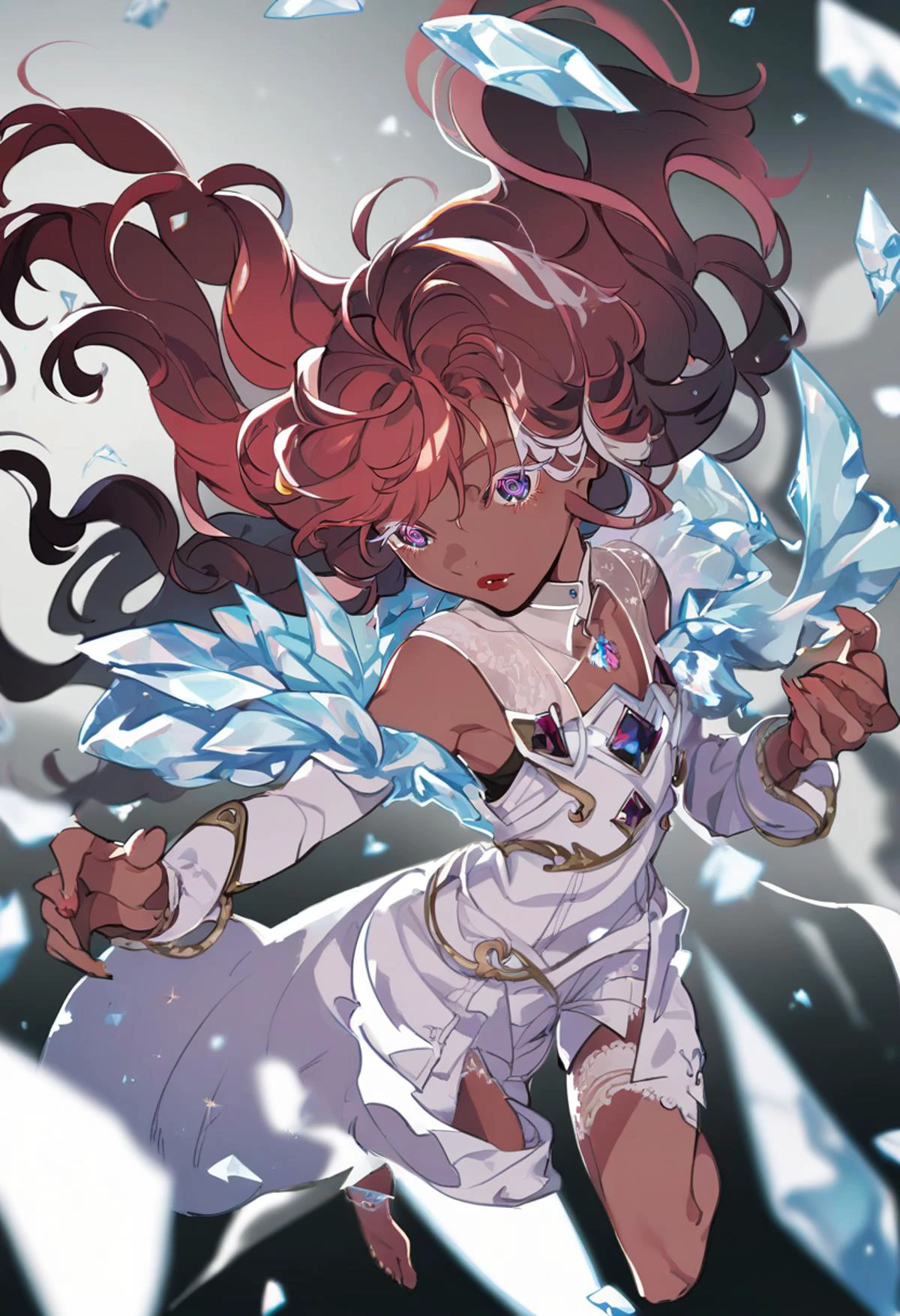 beautiful detailed glow, Floating ice crystals, (ultra-detailed:1.2100000000000002), (illustration:1.2100000000000002), soloï¼girlï¼Dark skinï¼black eyesï¼white hairï¼disheveled hairï¼Loose hairï¼White glossy loose long hairï¼White off shoulder dressï¼barefootï¼, pendant, very long hair, detached sleeves, reference inset, barefoot sandals \(jewel of recorypshotai, white cape, long sleeves, ice, armor, multicolored hair, red lips, frozen, facing to the side, white dress, monster girl, hair tubes, gradient hair, cape, single sleeve, crystal hair, long hair, colored inner hair, jewelry, pale skin, necklace, short dress, ice crystal, antenna hair, red hair, dress, personification, claw \(weapon\), sleeveless, sleeveless dress, multicolored eyes, androgynous, parted lips, ringed eyes, humanization, wavy hair, scale armor, colored eyelashes, purple eyes, witch \(madoka magica\),
score_9, score_8_up, score_7_up, score_6_up, (masterpiece:1.2100000000000002), (best quality:1.3310000000000004)
<lora:yoneyamaiXL_P6_lokr_V4236:0.95>