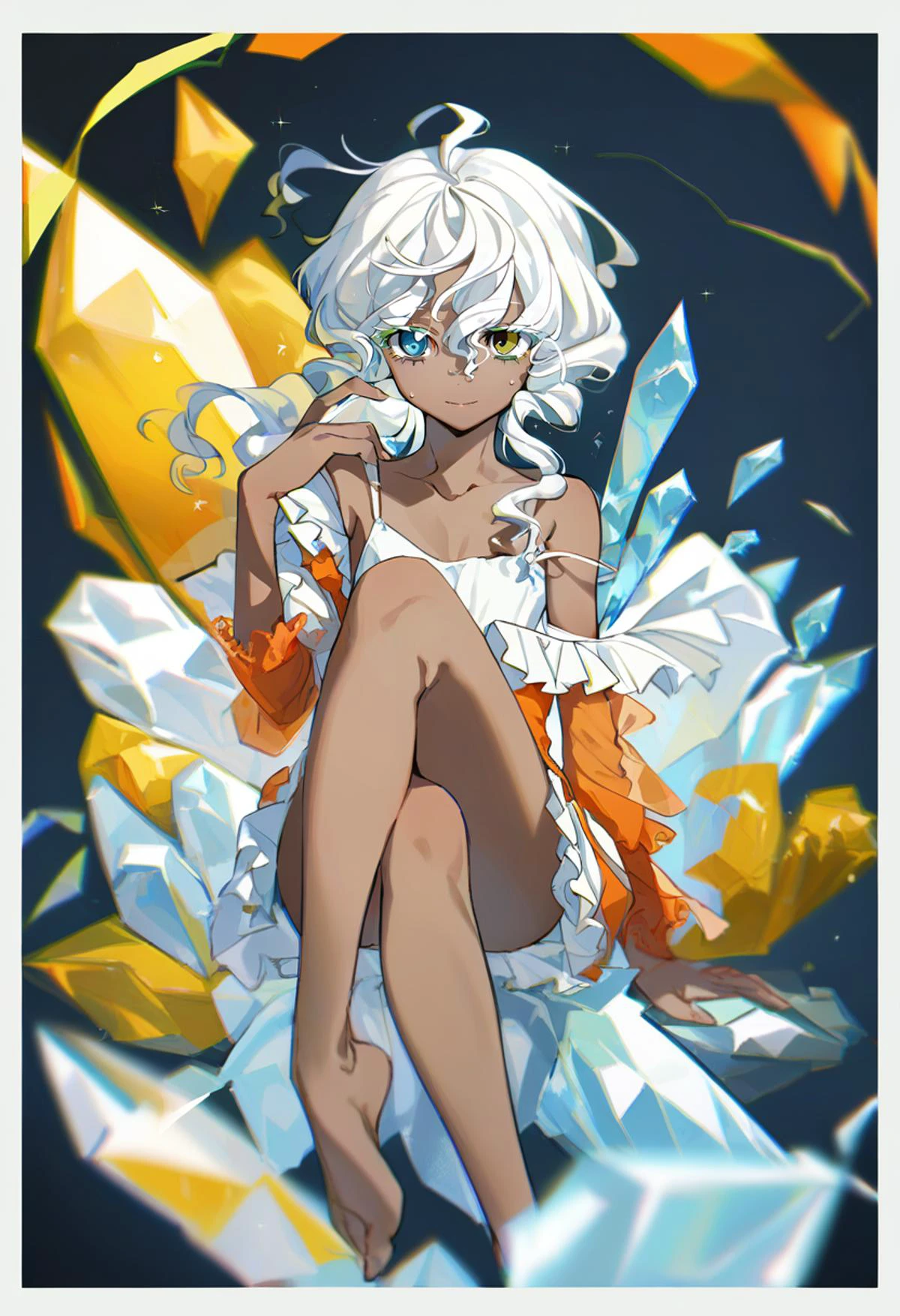 beautiful detailed glow, Floating ice crystals, (ultra-detailed:1.2100000000000002), (illustration:1.2100000000000002), soloï¼girlï¼Dark skinï¼black eyesï¼white hairï¼disheveled hairï¼Loose hairï¼White glossy loose long hairï¼White off shoulder dressï¼barefootï¼, breasts, border, blue eyes, white border, on crescent, flat chest, white eyes, heterochromia, sweatdrop, dress, twirling hair, phoenix \(ibo09\), looking at viewer, expressionless, yellow eyes, ahoge, spaghetti strap, single sidelock, ponytail holder, crystal, colored eyelashes, crossed legs, wavy hair, orange dress, pink pupils, personification, very long hair, hand up, closed mouth, red dress, crystal hair, light smile, sitting, cleavage, long hair, low ponytail, see-through sleeves, collarbone, feet out of frame, hair intakes, hair between eyes, smile, invisible chair, simple background, ice, sparkle, blue background, outside border, swept bangs, ice hair, crescent,
score_9, score_8_up, score_7_up, score_6_up, (masterpiece:1.2100000000000002), (best quality:1.3310000000000004)
<lora:yoneyamaiXL_P6_lokr_V4236:0.95>
