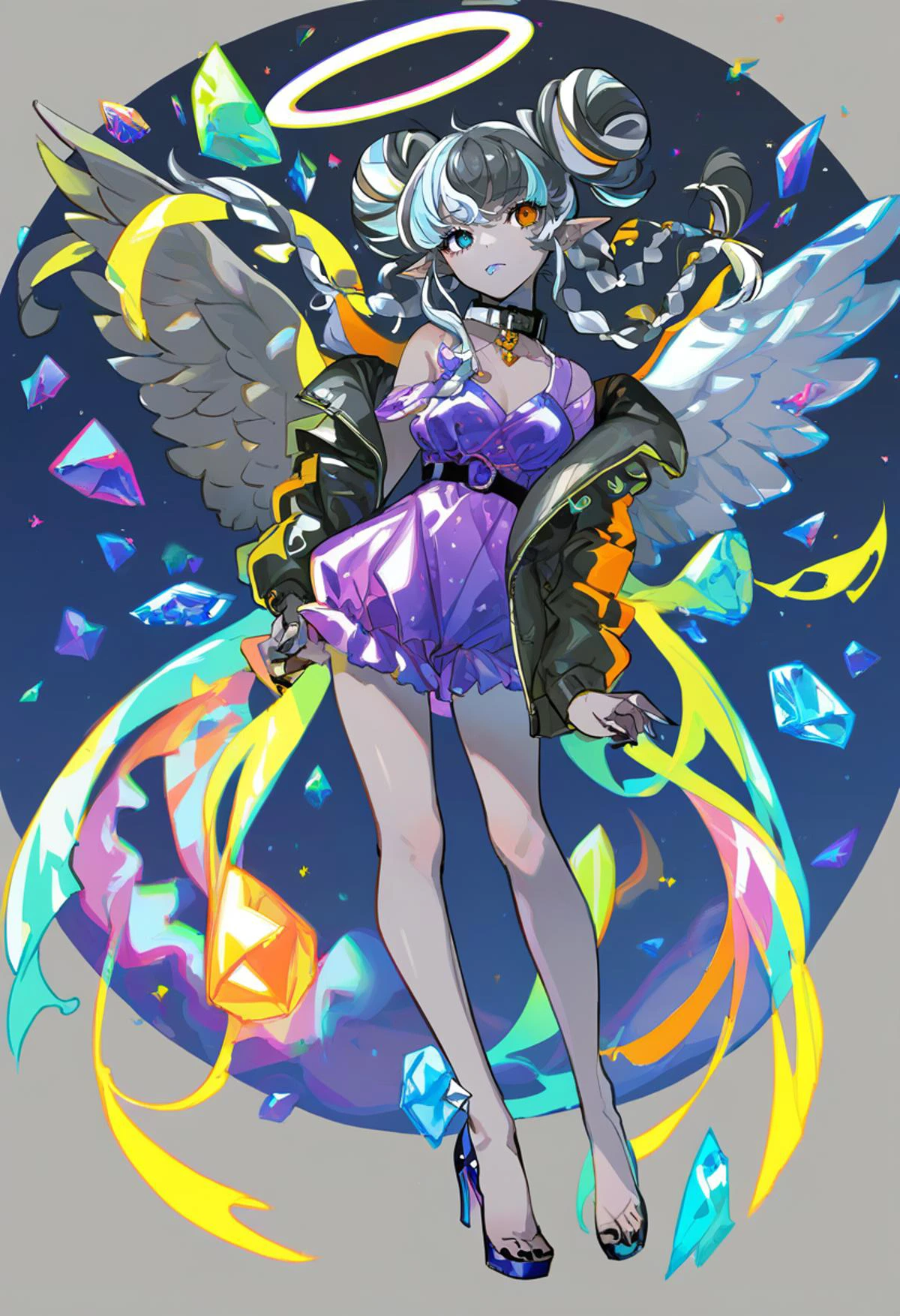 beautiful detailed glow, Floating ice crystals, (ultra-detailed:1.2100000000000002), (illustration:1.2100000000000002), soloï¼girlï¼Dark skinï¼black eyesï¼white hairï¼disheveled hairï¼Loose hairï¼White glossy loose long hairï¼White off shoulder dressï¼barefootï¼, dress, no nose, black hair, full body, blue background, braided bun, blue footwear, webbed hands, multiple moles, purple dress, braid, two-tone hair, expressionless, ice hair, hair bun, medium hair, feathered wings, colored skin, feather hair, colored inner hair, white halo, wings, grey skin, orange eyes, closed mouth, blue hair, ice, dark skin, double bun, multicolored hair, jirai kei, alternate costume, standing, halo, twintails, holding own wrist, black jacket, low twintails, jacket, ls collar, colored tongue, heterochromia, black nails, nail polish, long pointy ears, high heels, blue theme, pointy ears, blue jacket, aqua tongue,
score_9, score_8_up, score_7_up, score_6_up, (masterpiece:1.2100000000000002), (best quality:1.3310000000000004)
<lora:yoneyamaiXL_P6_lokr_V4236:0.95>