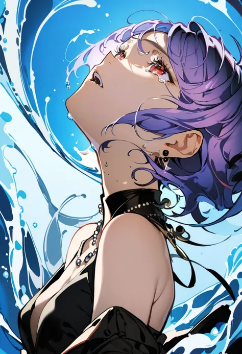masterpiece, best quality, <lora:yoneyamaiXL_ANI31_lokr_V4302:0.95> 1girl, solo, red eyes, purple hair, jewelry, water, looking up, dress, necklace, open mouth, tears, upper body, floating hair, short hair, from side, bare shoulders, crying, eyelashes, blue background, profile, off shoulder, parted lips, earrings, feathers, blue hair, black dress