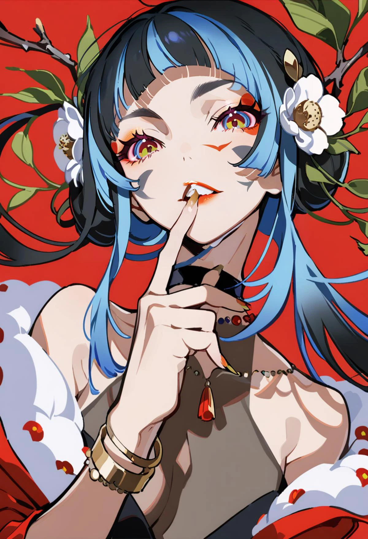 masterpiece, best quality, <lora:yoneyamaiXL_ANI31_lokr_V4302:0.95> 1girl, multicolored eyes, solo, flower, jewelry, red background, long hair, necklace, bracelet, hair flower, black hair, looking at viewer, hair ornament, simple background, upper body, teeth, multicolored hair, blunt bangs, finger to mouth, hand up, collarbone, makeup, choker, fingernails, parted lips, eyeshadow, red eyes, blue hair, white flower, gradient eyes, camellia, bare shoulders, branch, finger in own mouth, facial mark, leaf
