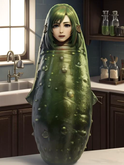 best quality, masterpiece, highres, detailed, perfect anatomy, <lora:Style - add_detail:0.1>, Picklefy, pickle, science experiment, pickle body, pickle with human face,  <lyco:Pickle-fy-10:1.3>, 1girl, tifa lockhart's face, kitchen, monster girl,