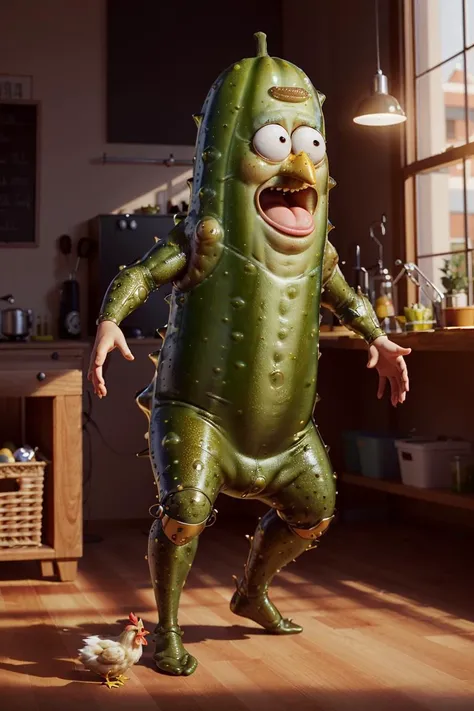 best quality, masterpiece, highres, detailed, perfect anatomy, <lora:Style - add_detail:0.1>, Picklefy, pickle, science experiment, pickle body, pickle with human face, standing with a chicken, photo realistic, sharp focus, 4k, 8k  <lyco:Pickle-fy-10:0.8>