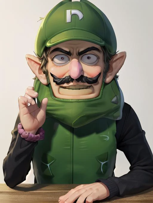 best quality, masterpiece, highres, detailed, perfect anatomy, <lora:Style - add_detail:0.1>, Picklefy, pickle,   <lora:Character - Waluigi2:0.5>, Waluigi, mustache, pink nose, 1boy,, facing camera, pickle costume, pickle with human face, table, on a table, <lyco:Pickle-fy-10:1.0>