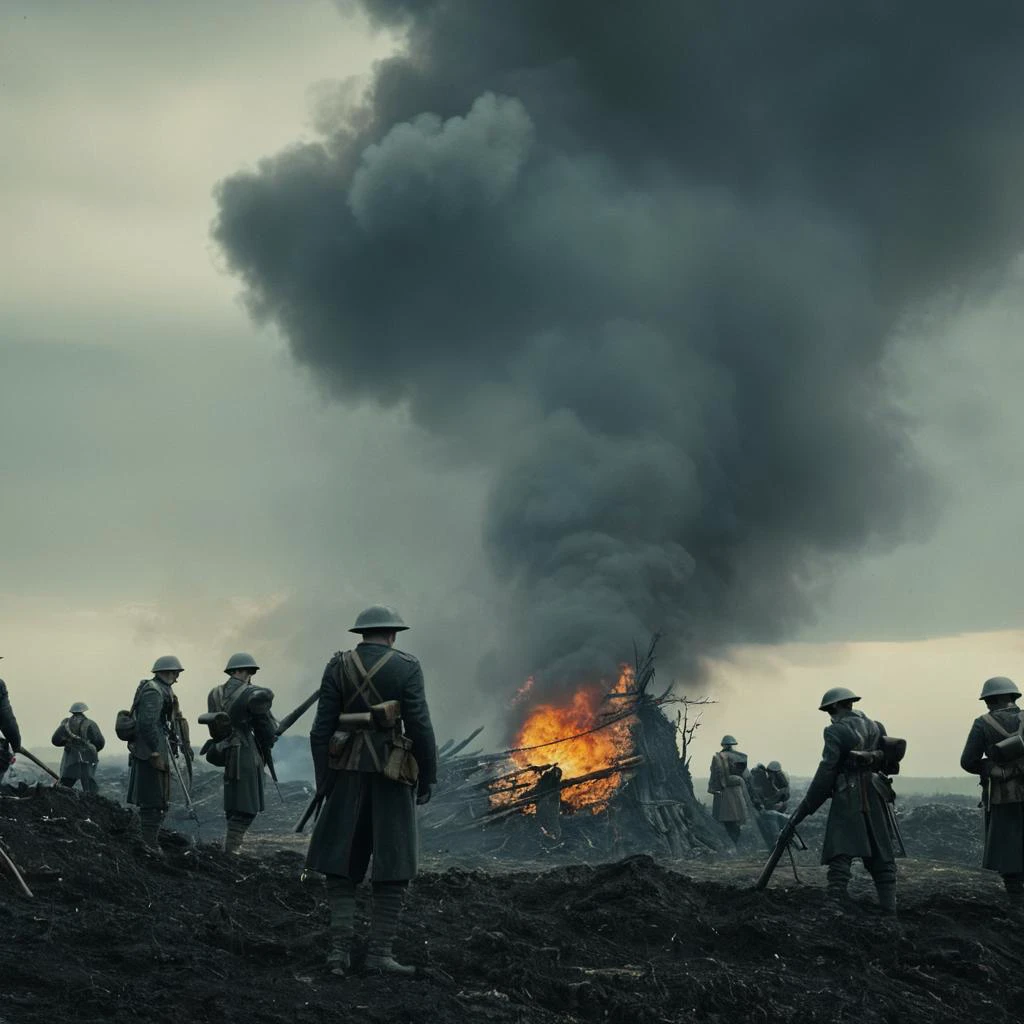UHD, 4k, ultra detailed, cinematic, a photograph of <lora:Battlefield ww1 style:1>
a group of solider people standing around a fire in a battlefield battlefield ww1 style,weapon,outdoors,multiple boys,sky,cloud,gun,military,cloudy sky,ground vehicle,rifle,6+boys,aircraft,military vehicle,airplane,battle,soldier,helicopter,war , war, war zone, battle, warrior, soldier, dark themed, cinematic, film look, world war 1, first world war, ww1, military, dramatic light, epic, beautiful lighting, inpsiring