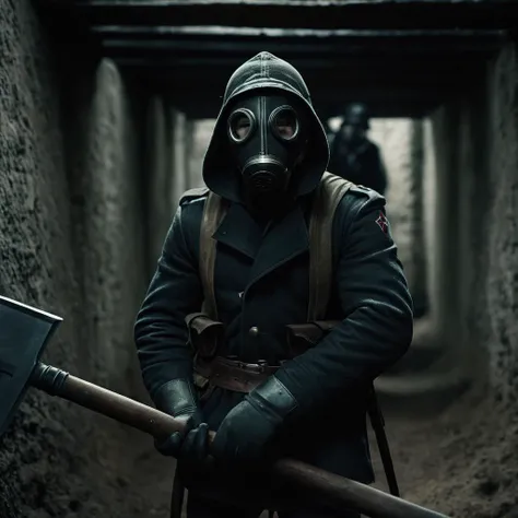 cinematic film still of <lora:Battlefield ww1 style:1>
a hoodie soldier in a gas mask holding a battle axe hammer weapon inside a bunker tunnel battlefield ww1 style,solo,gloves,1boy,holding,jacket,weapon,male focus,black gloves,belt,pants,hood,fingerless gloves,holding weapon,gun,mask,knife,hood up,dual wielding,gas mask , war, war zone, battle, warrior, soldier, dark themed, cinematic, film look, world war 1, first world war, ww1, military, dramatic light, shallow depth of field, vignette, highly detailed, high budget, bokeh, cinemascope, moody, epic, gorgeous, film grain, grainy