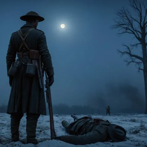 UHD, 4k, ultra detailed, cinematic, a photograph of <lora:Battlefield ww1 style:1>
a man holding a rifle standing next to a dead man battlefield ww1 style,gloves,hat,holding,weapon,male focus,outdoors,multiple boys,sky,holding weapon,tree,gun,military,blood,night,moon,star (sky),holding gun,night sky,rifle,snow,full moon,bare tree,death,corpse , war, war zone, battle, warrior, soldier, dark themed, cinematic, film look, world war 1, first world war, ww1, military, dramatic light, epic, beautiful lighting, inpsiring
