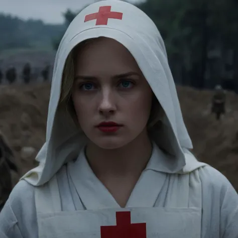 UHD, 4k, ultra detailed, cinematic, a photograph of <lora:Battlefield ww1 style:1>
a woman in a white nurse robe with a red cross on her chest battlefield ww1 style,solo,looking at viewer,blue eyes,blonde hair,brown hair,1boy,closed mouth,upper body,male focus,hood,cross,realistic , war, war zone, battle, warrior, soldier, dark themed, cinematic, film look, world war 1, first world war, ww1, military, dramatic light, epic, beautiful lighting, inpsiring