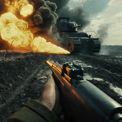 UHD, 4k, ultra detailed, cinematic, a photograph of <lora:Battlefield ww1 style:1>
POV,Point Of View,First Person View,a man aiming hand gun pistol in front of a huge explosion of a big tank battlefield ww1 style,outdoors,sky,day,cloud,military,fire,scenery,smoke,aircraft,military vehicle,airplane,battle,explosion,vehicle focus,firing,world war ii,war , war, war zone, battle, warrior, soldier, dark themed, cinematic, film look, world war 1, first world war, ww1, military, dramatic light, epic, beautiful lighting, inpsiring