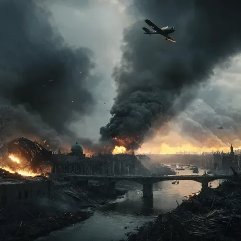 UHD, 4k, ultra detailed, cinematic, a photograph of <lora:Battlefield ww1 style:1>
Military plane,war plane,a plane flying over a city with a fire in the sky battlefield ww1 style,outdoors,sky,cloud,water,tree,no humans,ocean,building,scenery,smoke,city,aircraft,watercraft,explosion,bridge,river,ship , war, war zone, battle, warrior, soldier, dark themed, cinematic, film look, world war 1, first world war, ww1, military, dramatic light, epic, beautiful lighting, inpsiring