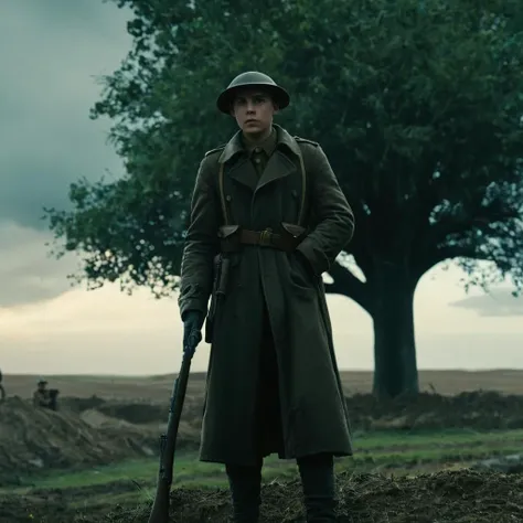 UHD, 4k, ultra detailed, cinematic, a photograph of <lora:Battlefield ww1 style:1>
a british man in a trench coat holding a rifle battlefield ww1 style,1boy,hat,weapon,outdoors,multiple boys,sky,day,cloud,tree,gun,military,grass,scenery,rifle,soldier , war, war zone, battle, warrior, soldier, dark themed, cinematic, film look, world war 1, first world war, ww1, military, dramatic light, epic, beautiful lighting, inpsiring