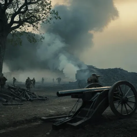 UHD, 4k, ultra detailed, cinematic, a photograph of <lora:Battlefield ww1 style:1>
a painting of a soldier man standing next to a cannon battlefield ww1 style,weapon,outdoors,multiple boys,tree,gun,helmet,ground vehicle,scenery,motor vehicle,smoke,car,soldier,desert , war, war zone, battle, warrior, soldier, dark themed, cinematic, film look, world war 1, first world war, ww1, military, dramatic light, epic, beautiful lighting, inpsiring