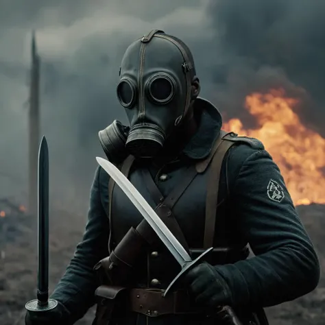 UHD, 4k, ultra detailed, cinematic, a photograph of  <lora:Battlefield ww1 style:1>
a soldier tanker man in a knight armor gas mask holding a sword battlefield ww1 style,solo,gloves,1boy,holding,upper body,weapon,male focus,holding weapon,armor,helmet,goggles,shoulder armor,1other,full armor,gas mask,embers , war, war zone, battle, warrior, soldier, dark themed, cinematic, film look, world war 1, first world war, ww1, military, dramatic light, epic, beautiful lighting, inpsiring
