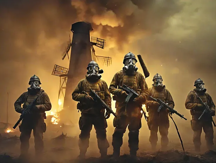 ultra detailed, cinematic,  night, dark sky. full figure shot, devastated and burning windmill and silo on fire as group of soldiers  wearing gas mask and holding riffle, facing viewer , heavy yellow fog, darkening the sky, from under