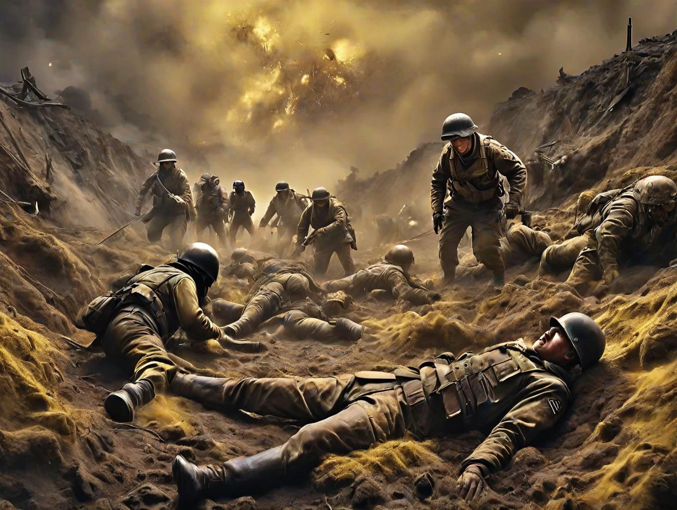 Dreamscape ultra detailed, cinematic, night, dark sky. full figure shot, charred bodies laying on the ground, ultra detailed, cinematic, night, dark sky.soldiers cower inside a trench. explosions, a wreckage of a pane burns in the background, darkening the sky, from under, yellow fog, darkening the sky, from under . Surreal, ethereal, dreamy, mysterious, fantasy, highly detailed