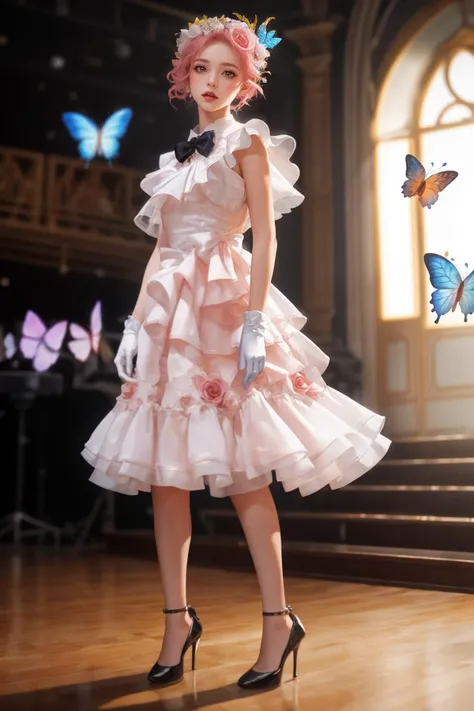 8k,highres,absurdres,masterpiece,best quality,original,extremely detailed CG,extremely detailed wallpaper,perfect lighting,<lyco:GoodHands-beta2:1>,
1girl,solo,blurry_background,looking_at_viewer,standing on the stage,
<lora:0551 Full of fragrance 1_v1:0.6>,ruanyi0551,bow,butterfly,dress,frilled dress,hair flower,gloves,hair ornament,