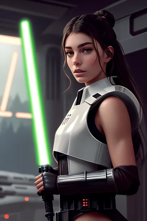 picture of (cm550), a woman as a sexy jedi master, modelshoot style, (extremely detailed CG unity 8k wallpaper), photo of the most beautiful artwork in the world, professional majestic oil painting by Ed Blinkey, Atey Ghailan, Studio Ghibli, by Jeremy Mann, Greg Manchess, Antonio Moro, trending on ArtStation, trending on CGSociety, Intricate, High Detail, (Sharp focus:1.2), dramatic, photorealistic painting art by midjourney and greg rutkowski, (natural light:1.1), (star wars ship interior:1.3), ((stormtroopers in the background)), (looking at viewer), (detailed eyes:1.2), (wielding a lightsaber:1.1), (revealing jedi attire:1.3), (defiance512:1.2), fight scene, (darth vader in background)