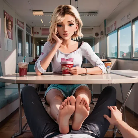 Style:
(score_9, score_8_up, score_7_up, score_6_up:1.5), (source_comic book),
(POV), sitting upright on banquette at a table, (closeup-view),
(under the table, Gwen Stacy extended legs, feet on lap:1.2), (anatomically correct feet), foot focus, top of foot, pedicure,
(high detailed background),inside an American diner,BANQUETTE SEATING,
<lora:princess_xl_v2:0.65> <lora:Gwen_Stacy:1>
<lora:add-detail-xl:0.7>
<lora:PONYXL_WaifuFeetPics_ownwaifu:0.65>
<lora:LineArt Mono Style LoRA_Pony XL v6:0.75>