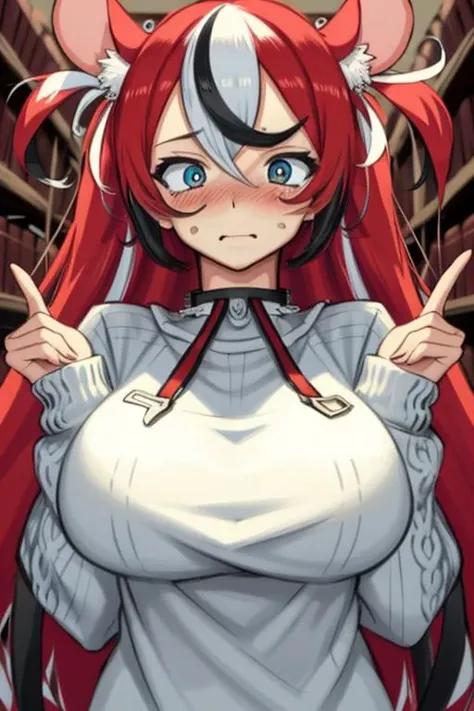 best quality, intricate details,
1girl, long hair, red hair, messy hair, red highlights,blue eyes, sharp eyes,
choker,
hakos baelz, <lora:hakos baelz:0.8>
<lora:clothedBreastGrab_chakumomiV11:0.8> chakumomi, pov hand, breast grab, (embarrassed),sweater, in library,