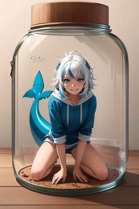 best quality, intricate details, full body, standing, cute pose, smirking, evil look,
1girl, white hair, blue eyes, sharp eyes,messy hair, blue highlights, sharp teeth,
blue hoodie, shark teeth design, bare legs, hair ornament, shark girl, shark tail, shark print, blue hoodie, sharp teeth, shark hair ornament, <lora:gawrGuraHololive_v3:0.8> <lora:girlsInGlassJars_v3:0.5> shrunken, (gawr gura in glass jar:1.45), full body, front view, kneeling, shrunken, detailed, realistic, cork, defined