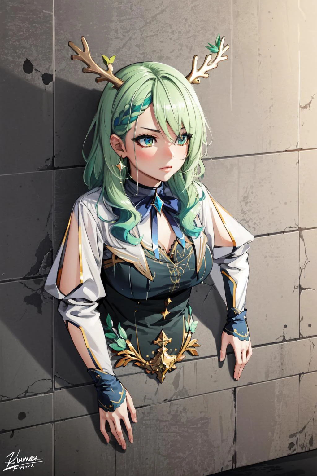 (masterpiece, best quality), intricate details, 8k, artstation, wallpaper, official art, splash art, sharp focus,
1igrl, <lora:ceresFaunaHololive_v1:0.8> 1girl, ceres_fauna, green hair, golden eyes, antlers,
<lora:glory_wall_front:1> (glory wall, stuck, through wall:1.4)