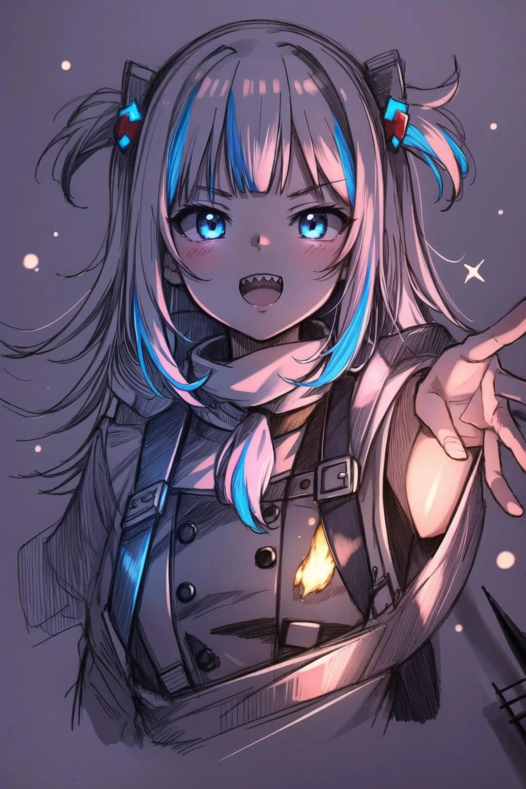 best quality, intricate details,
1girl,<lora:gawrGuraHololiveAll_v4AllOutfits:0.8> gawr gura, sharp teeth, two side up,
<lora:glowingArt_v10:0.8> glowart, glowing, sketch, drawing,