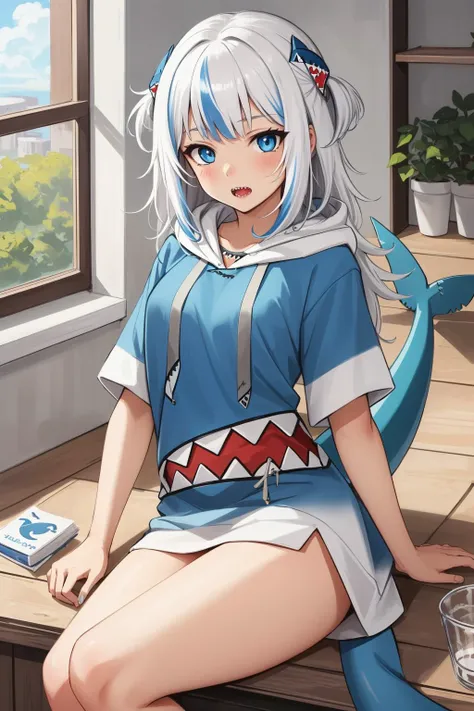 best quality, intricate details,
1girl, white hair, blue eyes, sharp eyes,messy hair, blue highlights, sharp teeth,
blue hoodie, shark teeth design, bare legs, hair ornament, gawr gura, shark girl, shark tail, shark print, blue hoodie, sharp teeth, animal hood, shark hair ornament, <lora:gawrGuraHololive_v3:0.8>