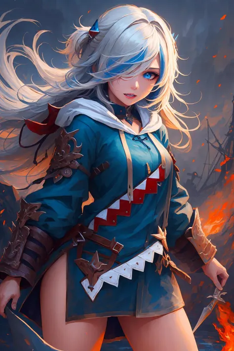 best quality, intricate details,
1girl, long hair, red hair, messy hair, red highlights, hair over one eye, blue eyes, sharp eyes,, best quality, intricate details,
1girl, white hair, blue eyes, sharp eyes,messy hair, blue highlights, sharp teeth,multicolored_hair,
virtual_youtuber, gawr_gura, <lora:gawrGuraHololive_v3:0.8> gawr gura,
shark teeth design, bare legs, shark girl, shark tail, shark print, blue hoodie,animal hood, shark hair ornament, <lora:5shotStyle_v10:0.8>