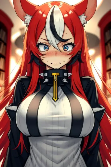 best quality, intricate details,


1girl, long hair, red hair, messy hair, red highlights,blue eyes, sharp eyes,

choker,

hakos baelz,   <lora:hakos baelz:0.8>  

 <lora:clothedBreastGrab_chakumomiV11:1> chakumomi, pov hand, breast grab, (embarrassed),sweater, in library,