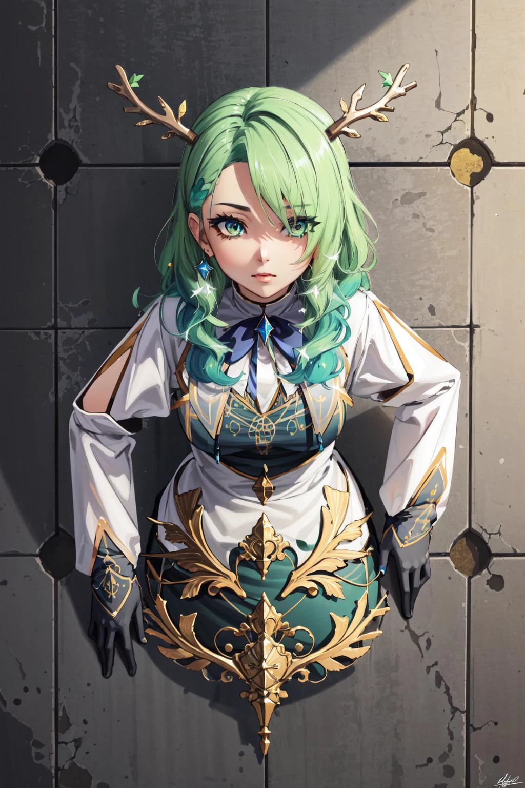 (masterpiece, best quality), intricate details, 8k, artstation, wallpaper, official art, splash art, sharp focus,
1igrl, <lora:ceresFaunaHololive_v1:0.8> 1girl, ceres_fauna, green hair, golden eyes, antlers,
<lora:glory_wall_front:1> (glory wall, stuck, through wall:1.4)