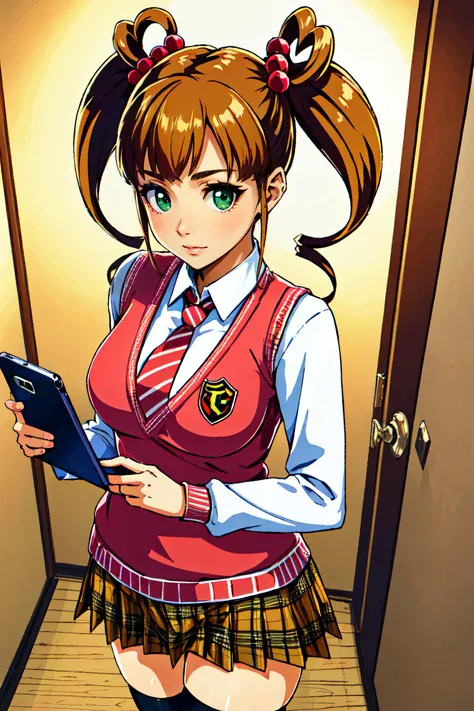 (masterpiece, best quality, ultra detailed, absurdres)1.5, 1girl, (sexy, beautiful woman, perfect face, perfect eyes, perfect female body)1.5, (mgcm iko, brown hair, twintails, hair ornament, hair bobbles, heart, bangs, mgcm school uniform, sweater vest, necktie, plaid skirt, kneehighs, loafers, holding smartphone, <lora:MGCM_iko:0.7>), (standing, hallway of a Japanese high school), perfect lighting, smooth, hdr