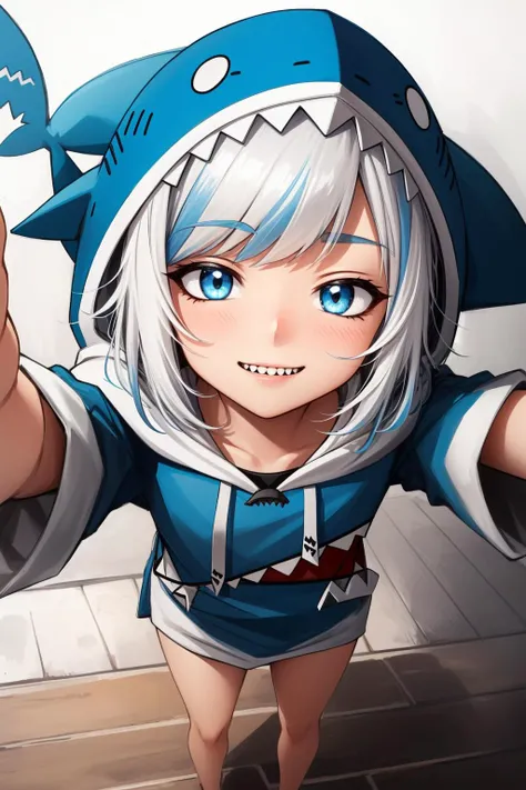 best quality, intricate details, full body, standing, cute pose, smirking, evil look,
1girl, white hair, blue eyes, sharp eyes,messy hair, blue highlights, sharp teeth,
blue hoodie, shark teeth design, bare legs, hair ornament, gawr gura ,shark girl, shark tail, shark print, blue hoodie, sharp teeth, shark hair ornament, <lora:gawrGuraHololive_v3:0.8> <lora:incomingKissConcept_v10:0.8> (def1, face focus, close-up:1.3)