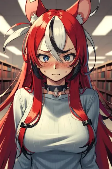 best quality, intricate details,


1girl, long hair, red hair, messy hair, red highlights,blue eyes, sharp eyes,

choker,

hakos baelz,   <lora:hakos baelz:0.8>  

 <lora:clothedBreastGrab_chakumomiV11:0.8> chakumomi, pov hand, breast grab, (embarrassed),sweater, in library,