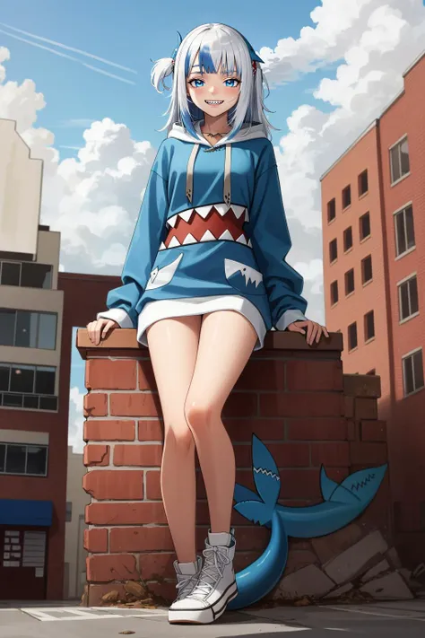 best quality, intricate details, full body, standing, cute pose, smirking, evil look,
1girl, white hair, blue eyes, sharp eyes,messy hair, blue highlights, sharp teeth,
blue hoodie, shark teeth design, bare legs, hair ornament, gawr gura, shark girl, shark tail, shark print, blue hoodie, sharp teeth, shark hair ornament, <lora:gawrGuraHololive_v3:0.8> <lora:giantessConcept_15:0.8> GTS, Looming, Sitting on building,