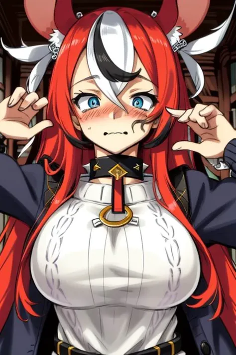 best quality, intricate details,
1girl, long hair, red hair, messy hair, red highlights,blue eyes, sharp eyes,
choker,
hakos baelz, <lora:hakos baelz:0.8>
<lora:clothedBreastGrab_chakumomiV11:1> chakumomi, pov hand, breast grab, (embarrassed),sweater, in library,
