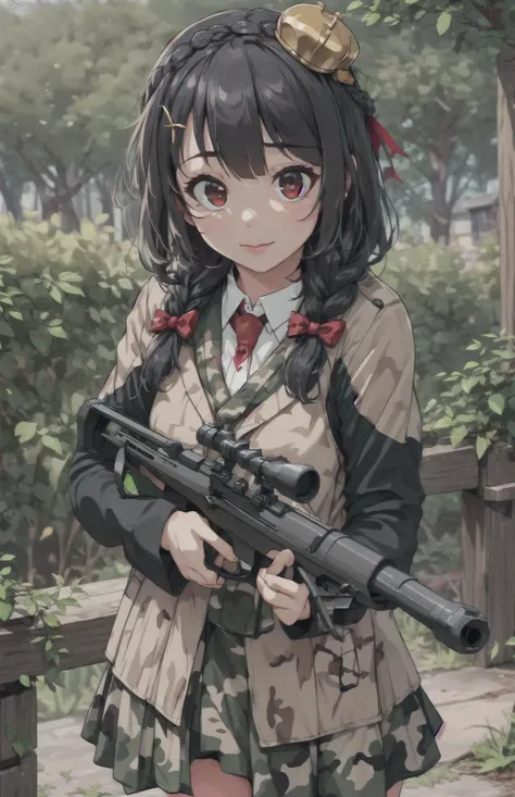 best quality, intricate details, <lora:YunYunV2:1>, Yewnyewn, <lora:50CaliberV2:0.8> .50mm, 50mm, sniper, weapon, gun, holding weapon, camouflage,sniper rifle, outdoors,trigger discipline,masterpiece, scope, 1girl, solo, solo_focus, bangs, braid, crown_braid, hair_bow, hair_ornament, red_eyes,